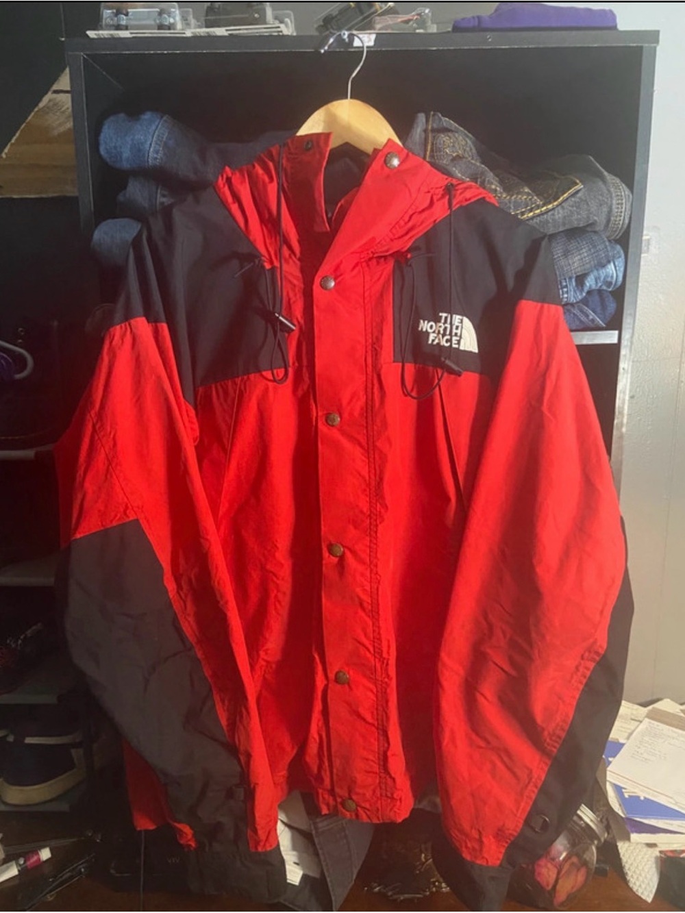The North Face Red and Black Hooded Raincoat Jacket